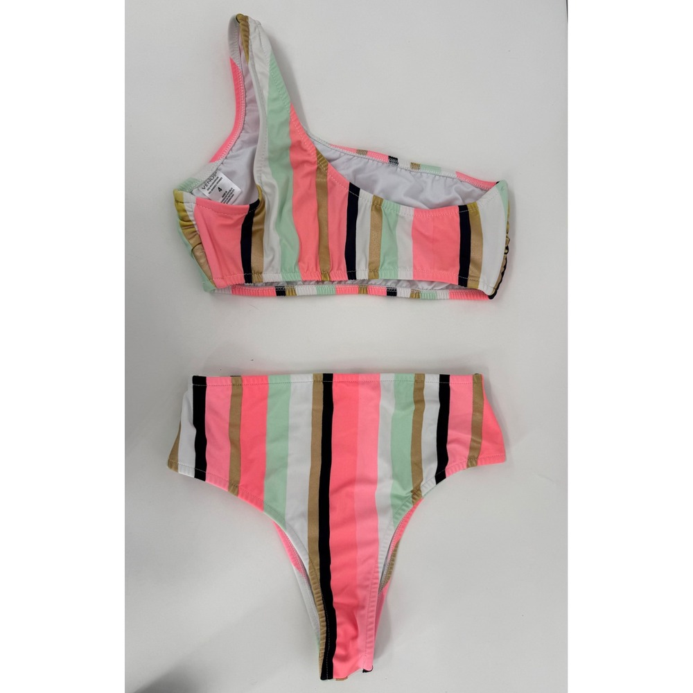 Venus Womens One Shoulder High Waist Bikini Set Striped Pink Green Gold Sz‎ 4